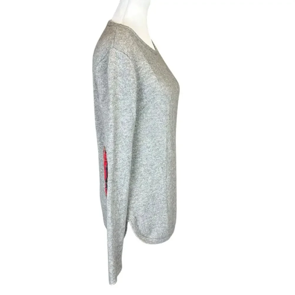 Two Bees Cashmere Wool Blend Sweater Size Large Gray Red Plaid Elbow Patches - Picture 4 of 7